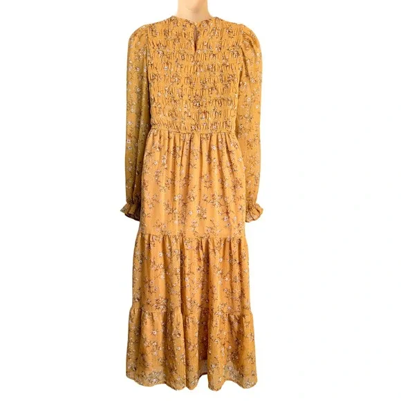 August Sky Mustard Yellow Floral Smocked Tiered Midi Dress Small Long Sleeve - Picture 2 of 13